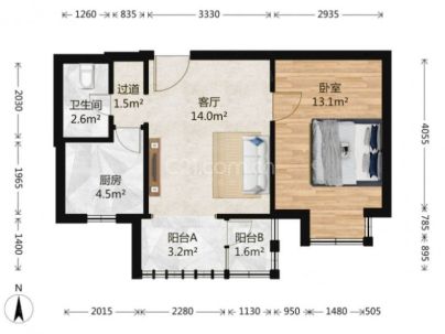 腾龙家园二区 1室 1厅 54.42平米