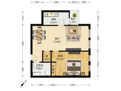 海润国际公寓 1室 1厅 77.04平米
