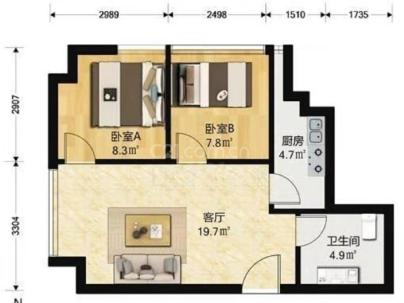 珺悦国际 2室 1厅 78平米